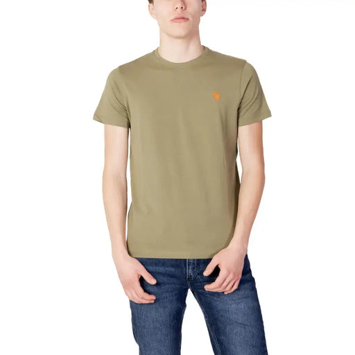 U.S. Polo Assn. men’s olive green short-sleeved cotton t-shirt with round neck and small orange embroidered logo