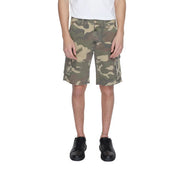 U.S. Polo Assn. cargo shorts for men in olive and beige camouflage with side pockets, front view