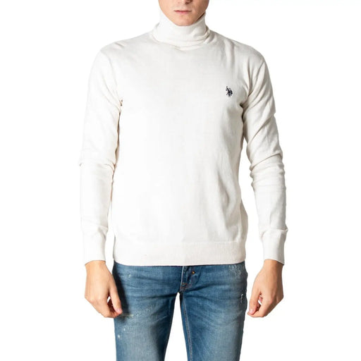 U.S. Polo Assn. sweater for men in white with small black embroidered logo on left chest, front view