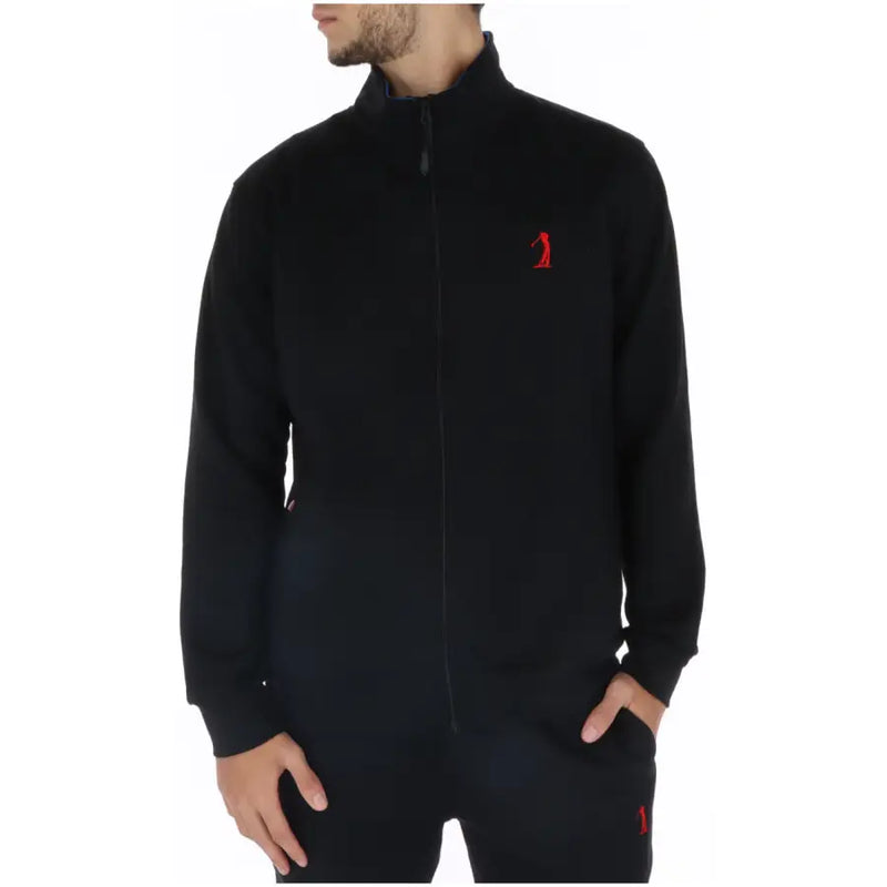 Black zip-up track jacket from U.S. sweatshirts collection with red embroidered logo on the left chest