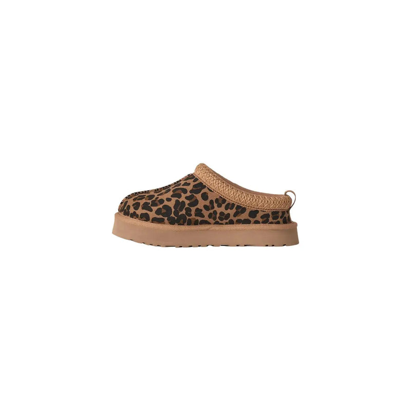Ugg men suede boots brown leopard slip-on clog with tan suede trim and chunky rubber sole visible from the back side
