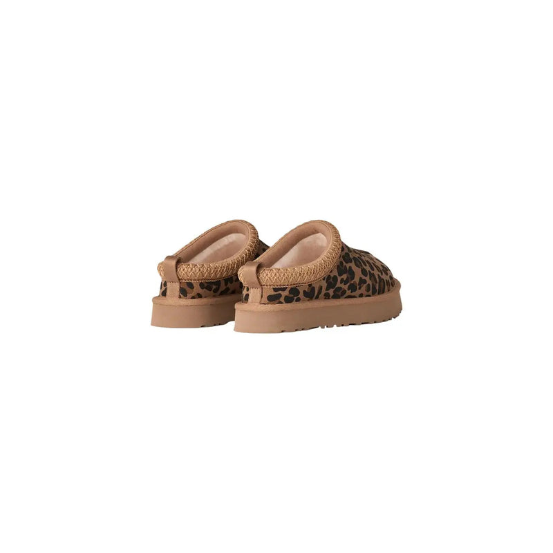 Ugg men suede boots in brown leopard print with tan suede trim and chunky rubber sole slip-on mules