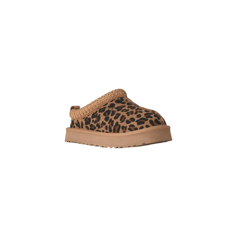 Ugg men suede boots in brown with leopard-print slip-on mule design, braided tan strap, and chunky rubber sole