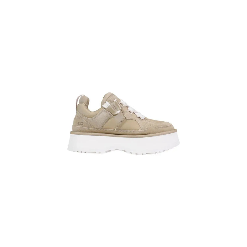 Ugg women beige leather platform boots featuring white laces and a thick white sole in sneaker style