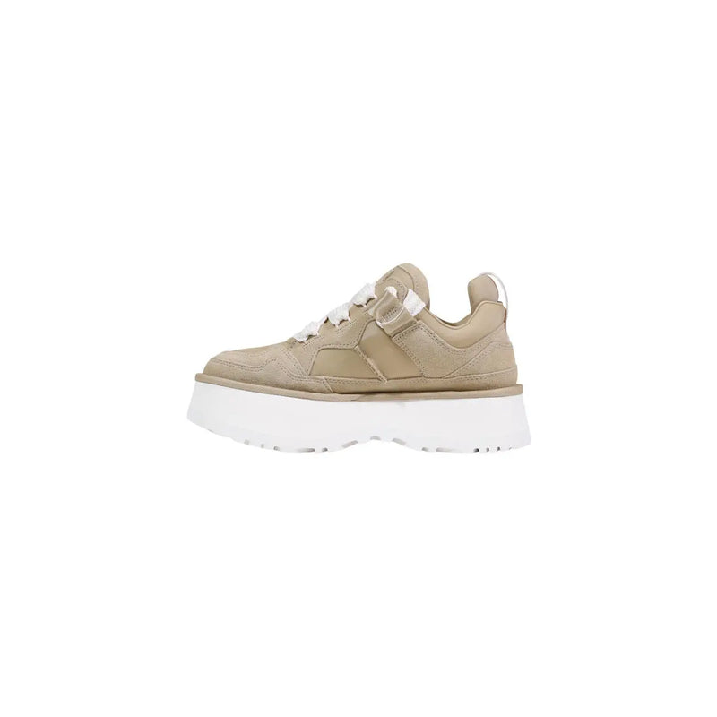 Ugg women beige leather platform boots featuring white laces and a chunky white sole in a sneaker style