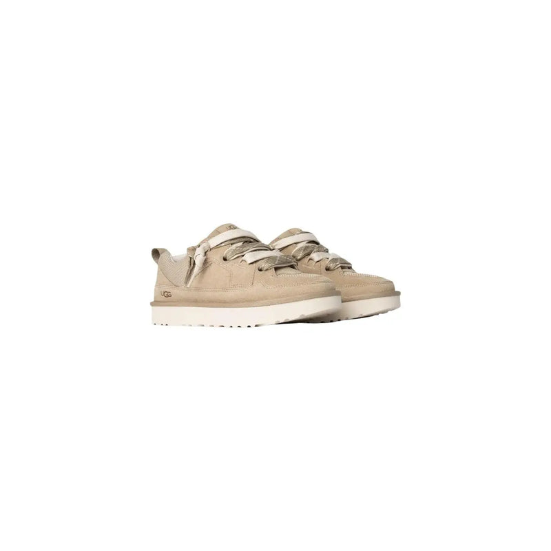 Ugg women beige suede lace up sneakers with a beige suede upper and white rubber sole for casual wear