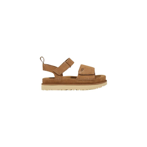 Beigefarbene Wildleder-Plateausandalen von Ugg für Damen mit verstellbarem Knöchelriemen in Hellbraun für stilvollen Komfort und Halt