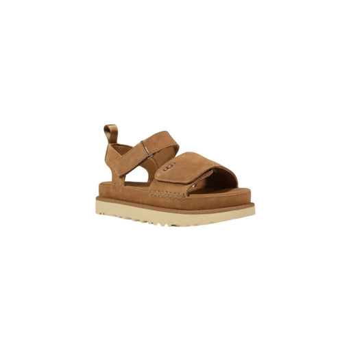 Ugg Damen-Plateausandalen aus beigefarbenem Wildleder mit hellbraunen Wildlederriemen, dicker, cremeweißer Gummisohle und zwei verstellbaren Verschlüssen