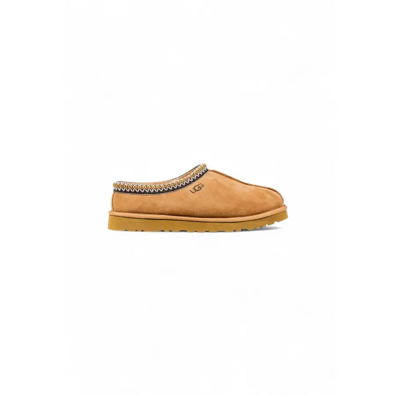 Ugg women beige suede round toe slippers with tan suede slip-on mule and decorative zigzag stitch trim for fall winter