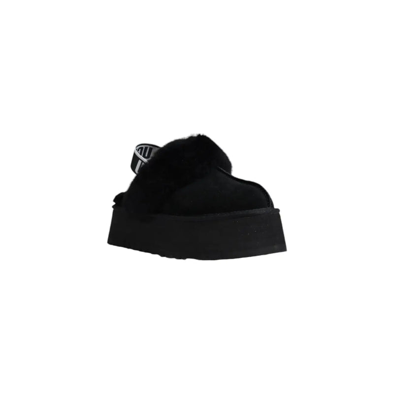 Ugg women black suede leather slippers with plush shearling lining and bold chunky platform sole