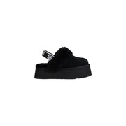 Ugg women black suede leather slippers with plush shearling lining and branded strap platform design
