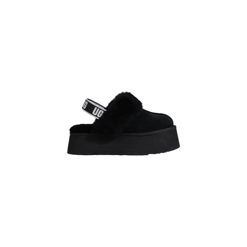 Ugg women black suede leather slippers with plush shearling lining and branded strap platform design