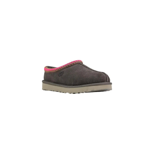 Ugg Damen-Lederstiefel, graue Tasman II Hausschuhe aus dunkelgrauem Wildleder mit leuchtend pinkfarbenem Webbesatz an der Öffnung
