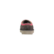 Ugg women leather grey Tasman II slippers in dark gray suede with vibrant pink and orange knitted trim slip-on moccasins