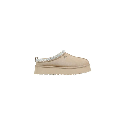 Beige UGG Damen-Plateau-Slipper aus Leder mit Wildleder-Obermaterial und weißem Zickzack-Besatz für den Frühling