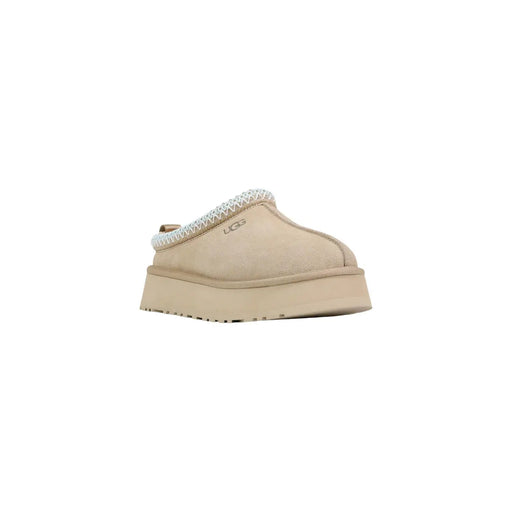 Beige UGG Damen-Plateau-Slipper aus Leder mit Obermaterial aus Wildleder und weißem Flechtbesatz für den Frühling