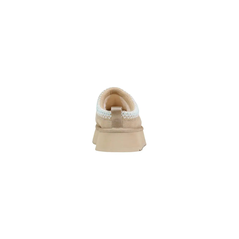 Ugg women leather platform slippers beige with white lace trim and tan leather pull tab for spring wear