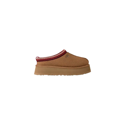 Ugg Damen-Plateau-Slipper aus beigefarbenem Wildleder mit hellbraunem und rot-weiß gemustertem Besatz, der von der Rückseite sichtbar ist