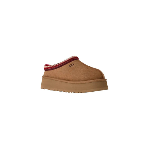 Ugg Damen-Plateau-Slipper aus Wildleder in Beige mit hellbraunem Pantoletten-Design und rot-weiß gemustertem Besatz am Schaft