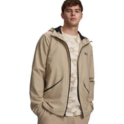 Under armour Beige gewebte Herren-Kapuzenjacke mit schwarzem Reißverschluss und Besatz für Sport und Freizeit