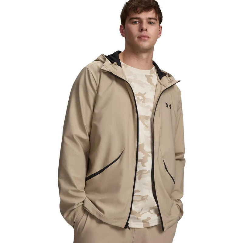 Under armour Beige gewebte Herren-Kapuzenjacke mit schwarzem Reißverschluss und Besatz für Sport und Freizeit