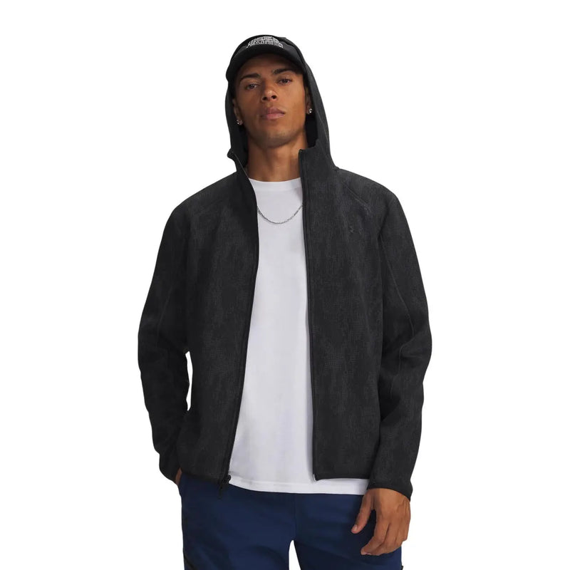 Under armour men black fleece hoodie sweatshirt with hood subtle textured pattern and full-length zipper front