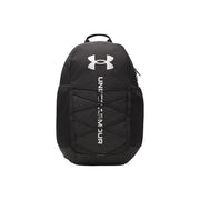 Under armour men black print polyester rucksack with white logo, vertical branding, and mesh side panel design