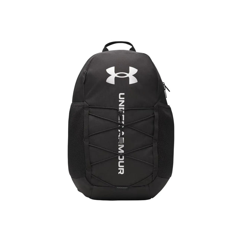 Under armour men black print polyester rucksack with white logo, vertical branding, and mesh side panel design