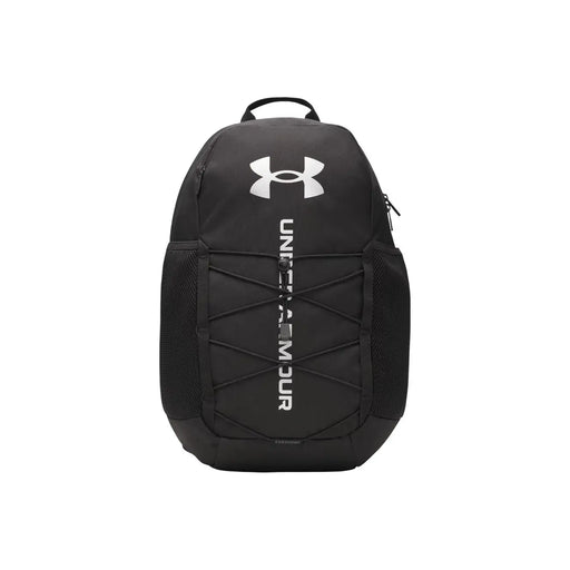 Under armour Sac à dos homme en polyester imprimé noir avec logo blanc, marquage vertical et empiècements latéraux en mesh.