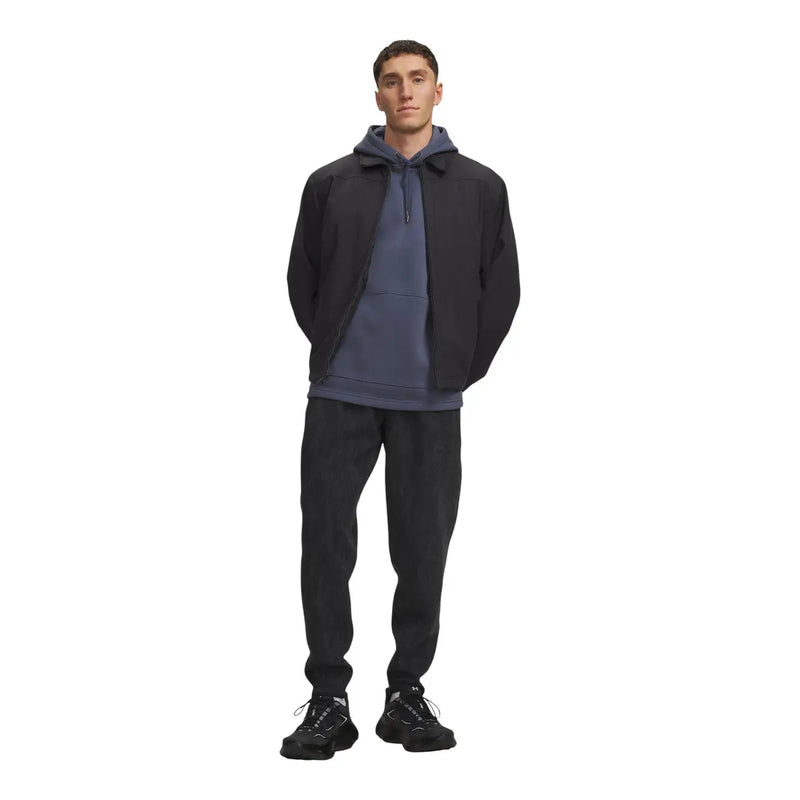 Under armour men fleece joggers black cotton blend worn with a sleek black hooded jacket over a navy blue hoodie and pants