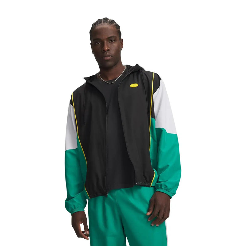 Under Armour Graue Herren-Kapuzenjacke aus Polyester mit schwarz-weiß-türkisfarbenem Farbblockmuster und gelben Paspeldetails