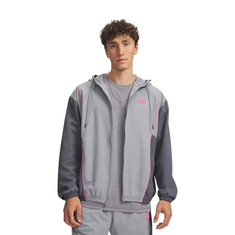 Under Armour graue Herren-Windjacke aus Polyester mit Kapuze, zweifarbigem Design und rosa Paspelierung