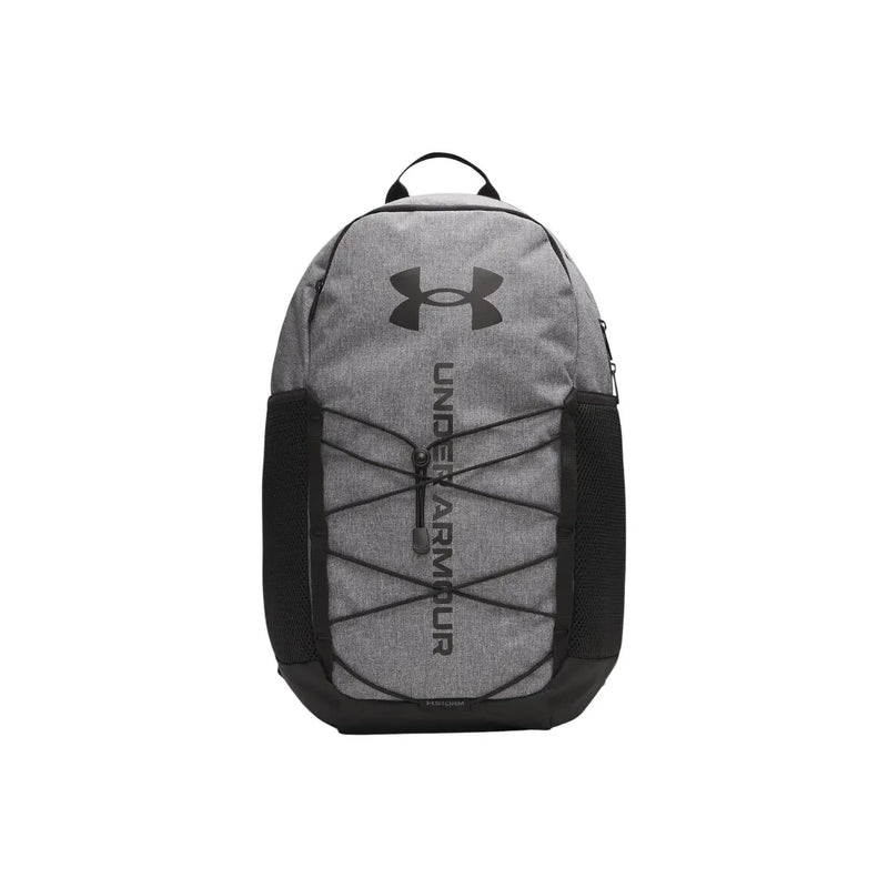 Under armour men hustle sport 6.0 backpack grey 26l with textured fabric body mesh side panels and crisscrossed webbing straps