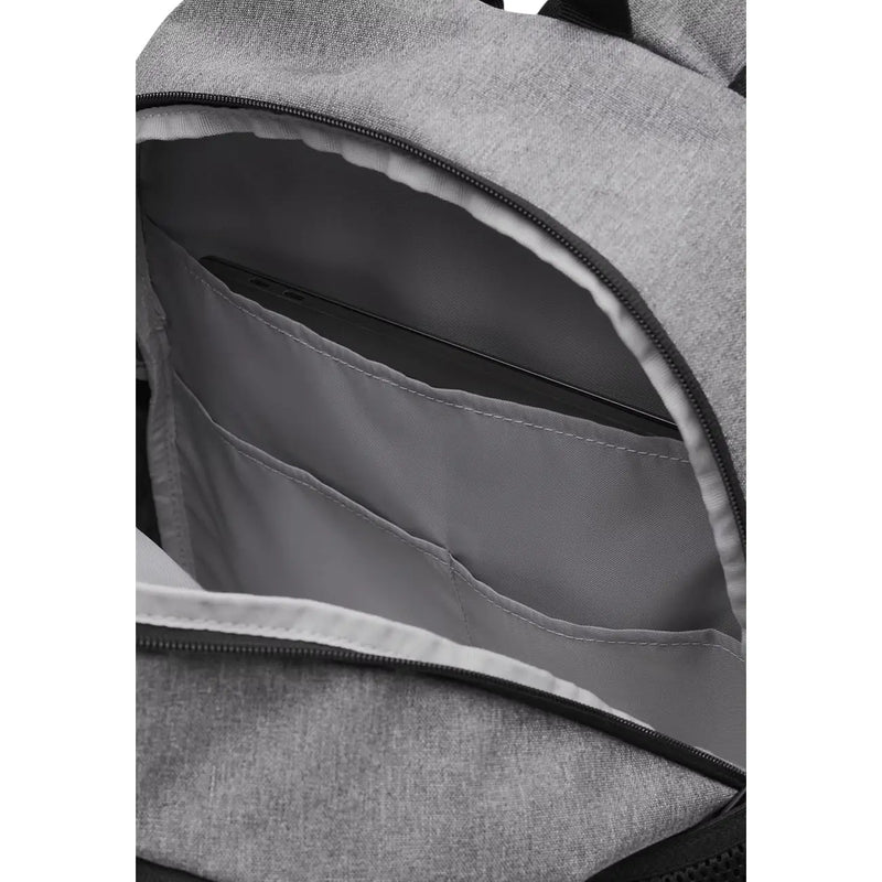 Under Armour men Hustle Sport 6.0 gray heathered fabric laptop backpack with black zipper and interior lining