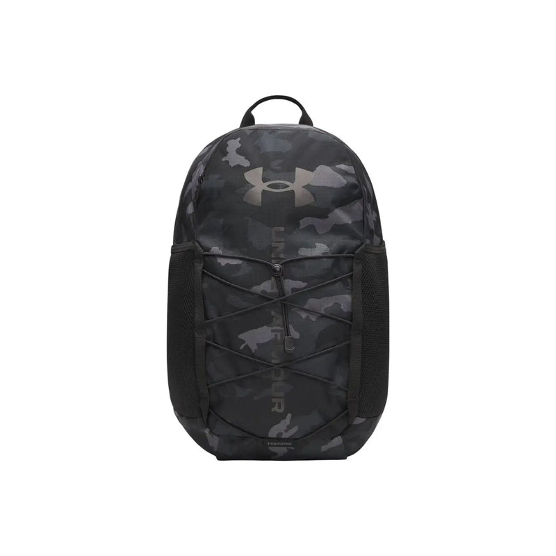 Under armour men hustle sport 6.0 backpack grey 26l with black and gray camouflage pattern and sleek modern design