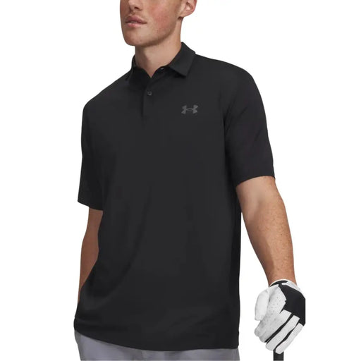 Under armour men polo shirt black with subtle gray logo short sleeve polyester fabric for casual wear