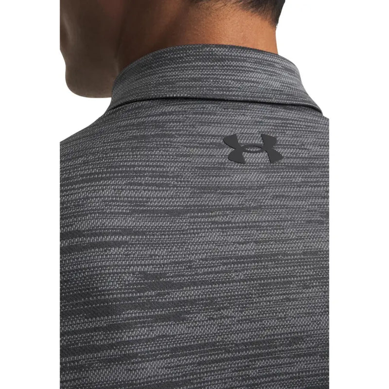 Under armour men polo shirt in dark gray polyester with a subtle heathered pattern and logo on the chest