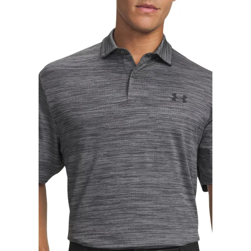 Under Armour men polo shirt grey short sleeve polyester with subtle textured pattern and logo on the chest