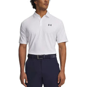 Under armour men polo shirt white with subtle textured fabric short sleeve polyester with black logo on left chest