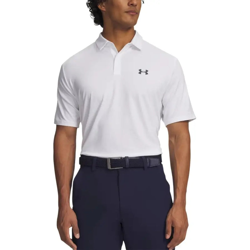 Under armour men polo shirt white with subtle textured fabric short sleeve polyester with black logo on left chest