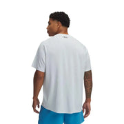 Back side of under armour men t shirt grey polyester short sleeve with small black logo on white collar