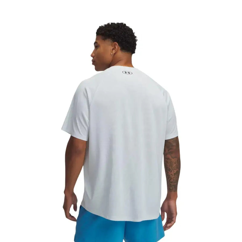 Back side of under armour men t shirt grey polyester short sleeve with small black logo on white collar
