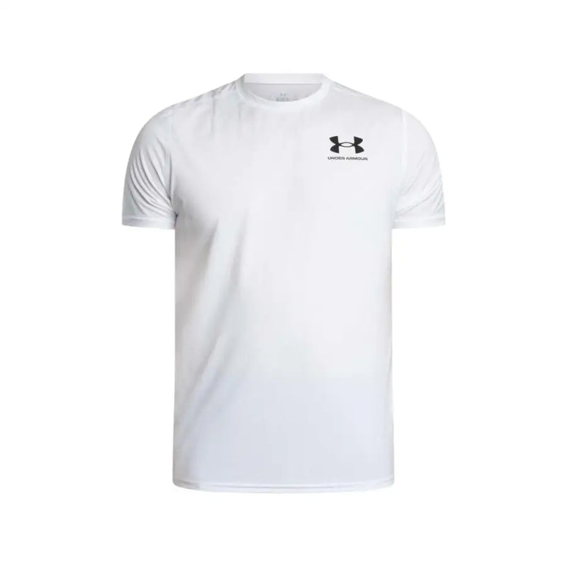 Under Armour Weißes Herren-T-Shirt aus Polyester mit kurzen Ärmeln und schwarzem Logo auf der Brust, geeignet für sportliche Aktivitäten.