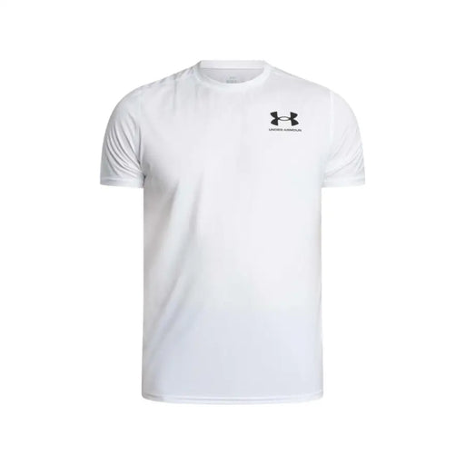 Under Armour Weißes Herren-T-Shirt aus Polyester mit kurzen Ärmeln und schwarzem Logo auf der Brust, geeignet für sportliche Aktivitäten.