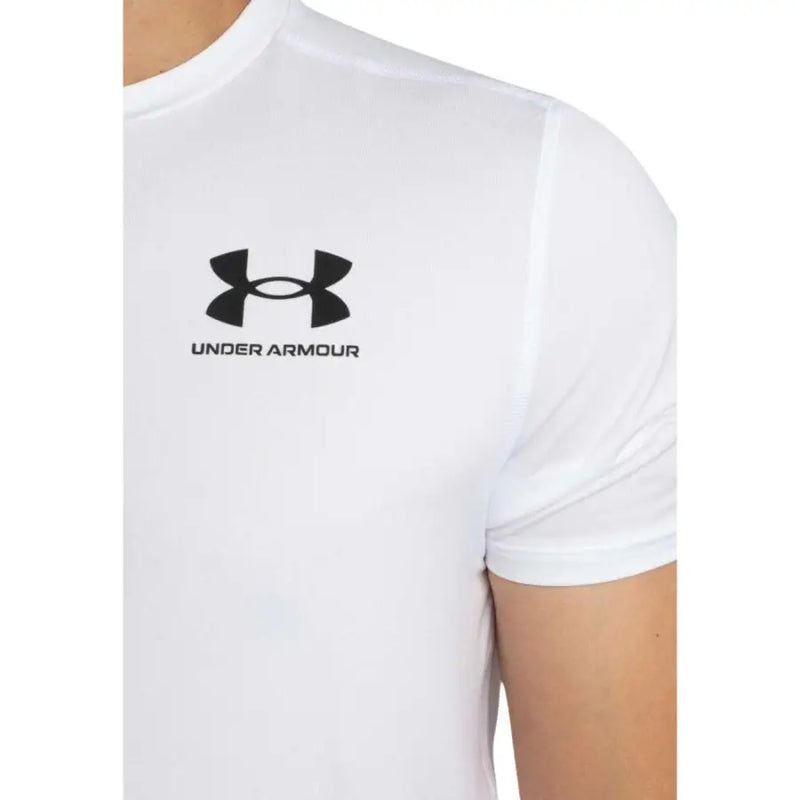Under Armour Weißes Herren-T-Shirt aus Polyester mit kurzen Ärmeln und schwarzem Logo auf der Brust für sportliche Aktivitäten
