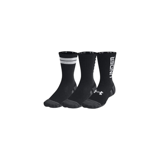 Under armour men underwear black crew socks with white branding and gray accents designed for athletic use