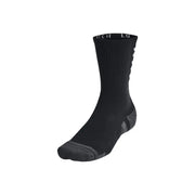 Black under armour athletic sock with gray reinforced sole and heel and ribbed cuff with white logo text