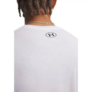 Under armour men white cotton long sleeve t shirt showing the back side with a black logo