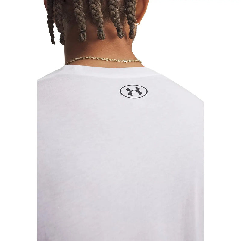 Under armour men white cotton long sleeve t shirt showing the back side with a black logo
