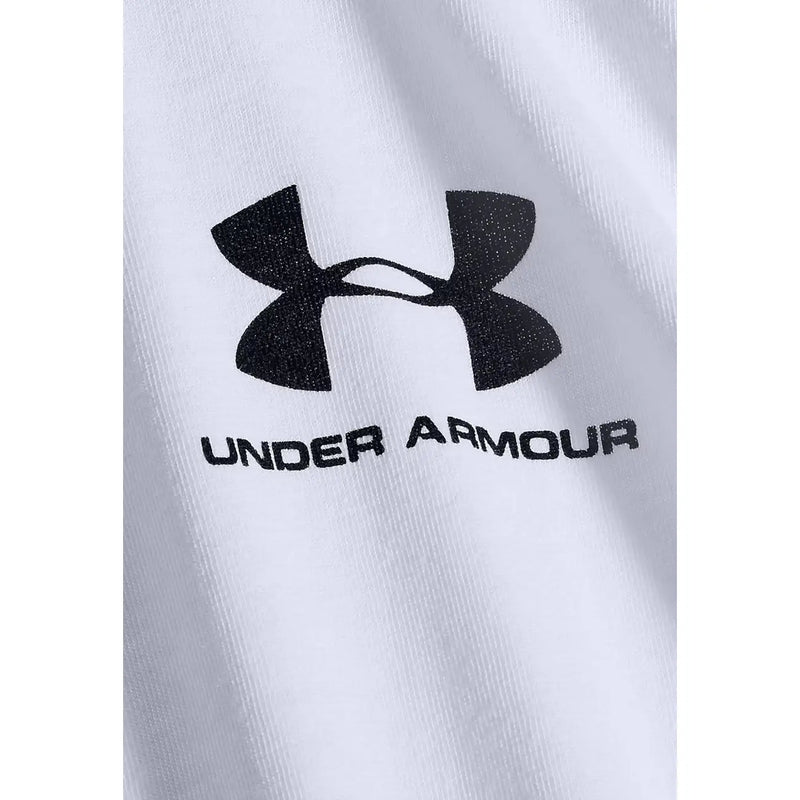 Under armour men white cotton classic long sleeve shirt with bold black logo and brand name on the front